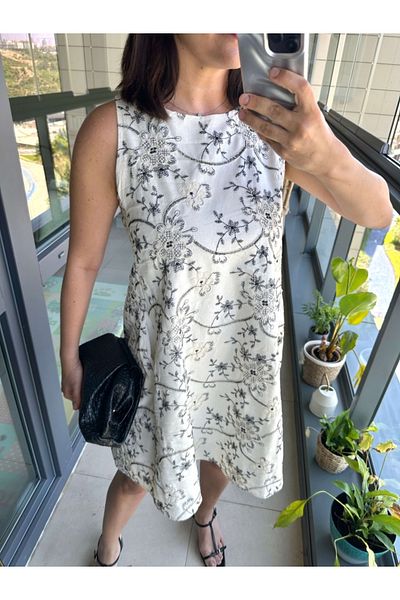 Elif Özbey Butik Ecru Embroidery Patterned Dress