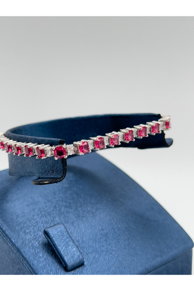 NO BRAND 925 Ayar Gümüş Yakut Taşlı Su Yolu Modeli Lüks Kadın Bileklik