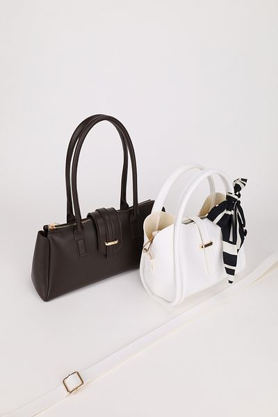 NOTHING Women's Coffee White Gold Accessory Detailed Scarf Gifted 2-Piece Hand Shoulder and Crossbody Bag Set Rayaroma