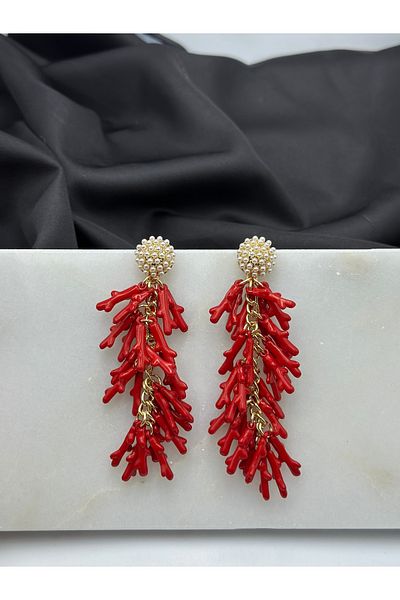 Duéra Red Coral Design Pearl Sea Summer Concept Gold Detailed Brand Model Earrings