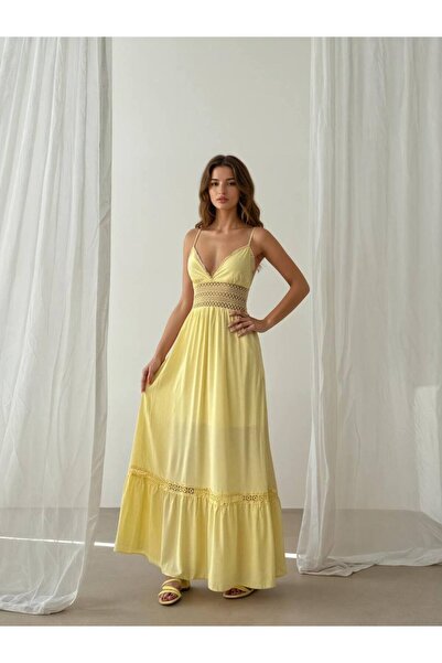 Lady Pixie Kadın Dantel Detaylı Askılı Maxi Boy Elbise