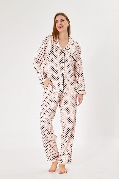 seamlife Women's 100% Cotton Woven Polka Dot Pink Shirt Collar Black Piping Buttoned Pajama Set with Pockets