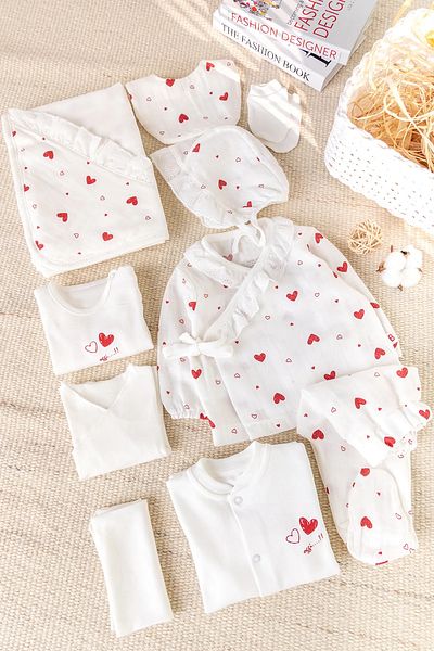 Babymod Heart Patterned Muslin 100% Cotton Set of 10 Baby Girl Hospital Release Baby Set