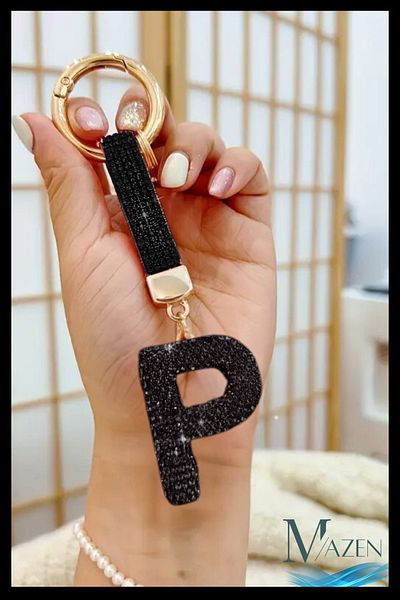 MAZEN Letter P Black Stone Keychain |   Vip Bag Charm |   Stylish Letter Detailed Accessory
