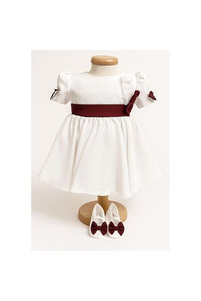 OEM Elegant dress for baby girl with refined design, 3 pieces, booties, headband, white with dark red, 0