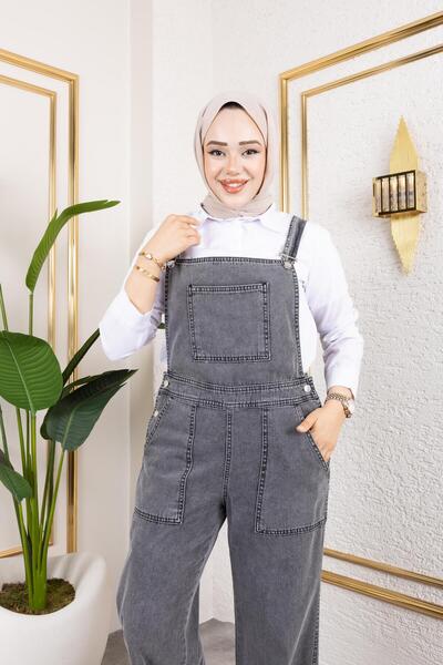 HARMAN BUTİK Women's Pocket Detailed Strap Gray Denim Jumpsuit