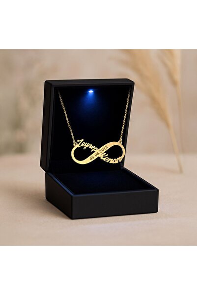 İNDİGO TAKI Işıklı Kutuda İki İsimli Tarihli Sonsuzluk Altın Kaplama Gümüş Kolye