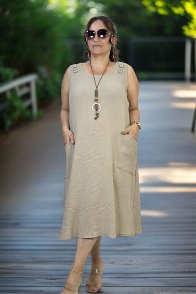 yagmurberen Button Detail Jopone Sleeve (Sleeveless) Pocketed Muslin Fabric Large Size Summer Dress