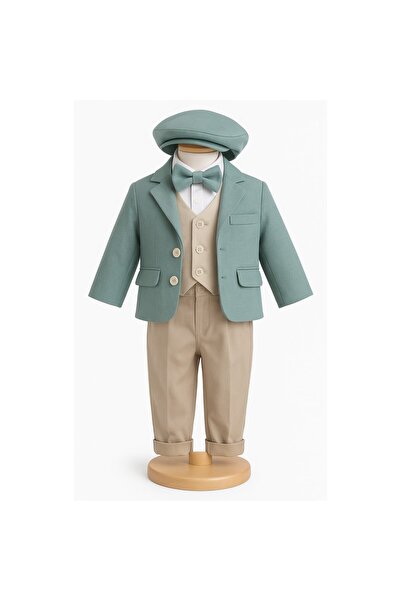 OEM Boys' Suit - 5-Piece Set With Bodysuit - Green Jacket, Beige Pants, Vest, Bow Tie and Beret