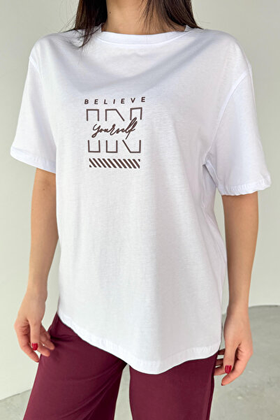 Cappmoda Tkm-0066 Burgundy Believe in Yourself Written Injection Printed T-Shirt Loose Trousers Two-Piece Suit