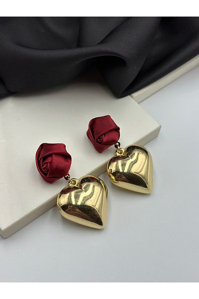 Duéra Burgundy Rose Design Gold Gold Heart Sanllatin Brand Model Stylish Earrings
