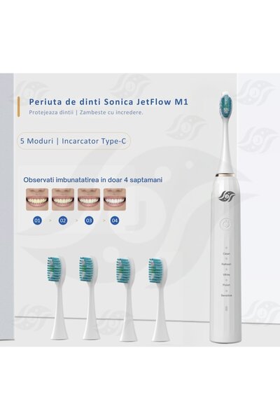 JFlow Electric Toothbrush JetFlow, 5 Programs, Memory Function, Smart Timer, USB-C, IPX7, 4 Heads, White