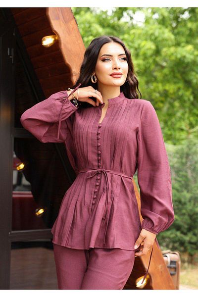 Dadali Tie-Dye Button Detail Linen Set Bordo