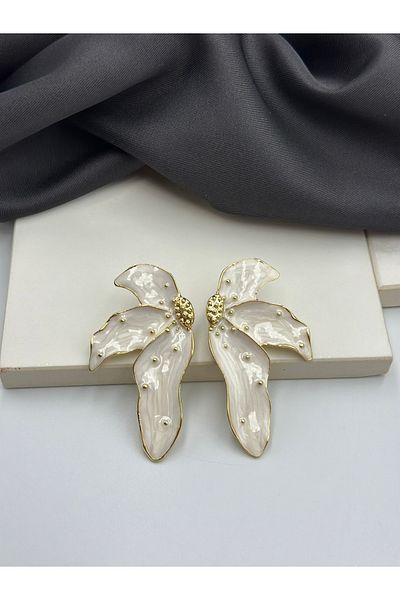 Duéra White Enamel Floral Design Women's Earrings with Gold Detail