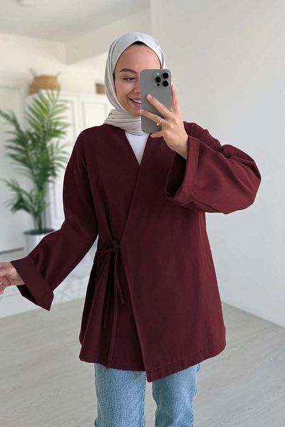 Ka Hijab Λινό κιμονό με πλαϊνή δέση - Claret Red