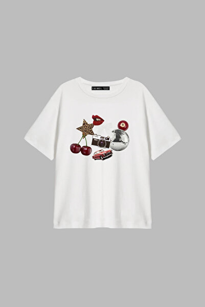 CİNEMA MODA Tricou alb pentru femei cu imprimeu Cherry & Disco Vibes