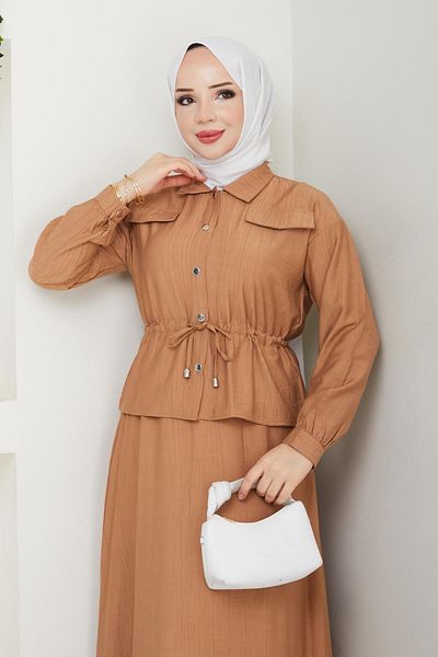 bm bessomoda fashion boutique Γυναικείο Σετ Πουκάμισο με Τούνελ Μέσης και Φούστα