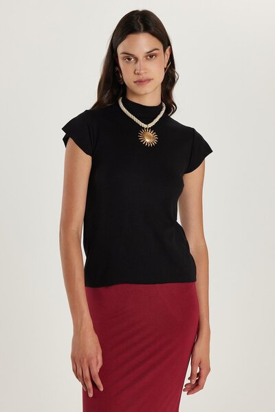 Tudors Kadın Modal Kumaş Standart Fit Dik Yaka Siyah Bluz