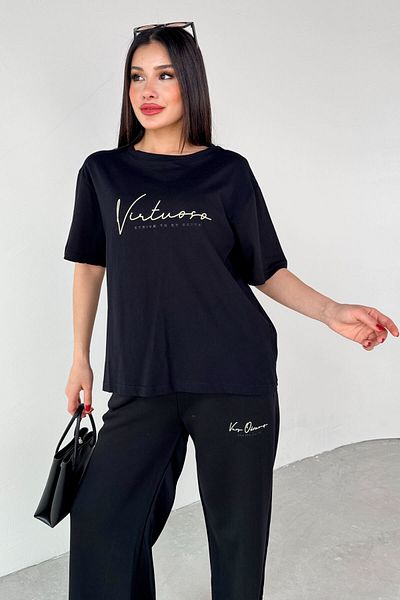 Cappmoda Tkm-0061 Black Virtuoso Text Printed Sports Suit