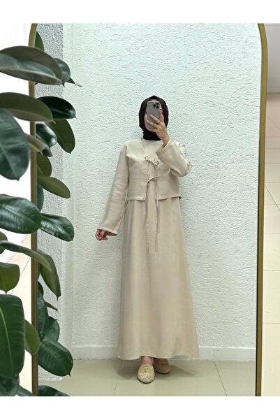 MİHRA STORE فستان ميريسا مع جاكيت ورباط-BN4462 حجري