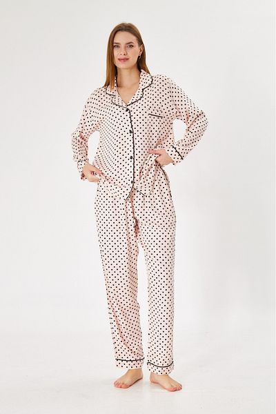 seamlife Women's 100% Cotton Woven Polka Dot Pink Shirt Collar Black Piping Buttoned Pajama Set with Pockets