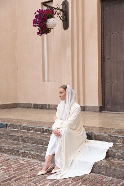 suphias White Abaya with Pearl Detail