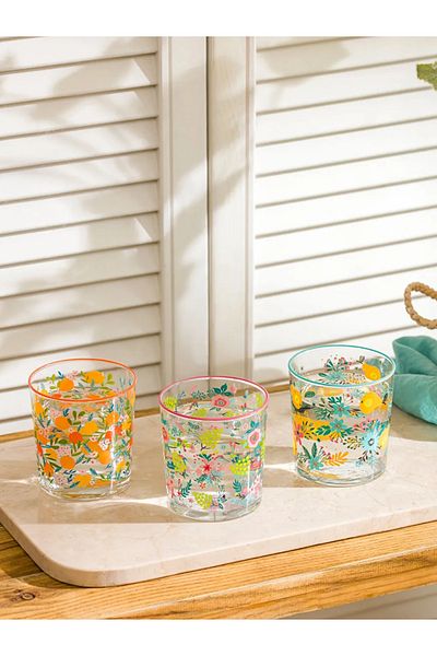 LC Waikiki Lcw Home Mixed Flower Printed Glass Cup Set of 3 380 ml