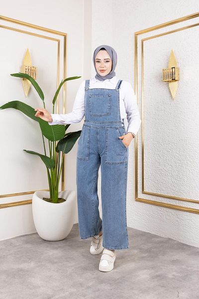 HARMAN BUTİK Salopetă de damă din denim albastru cu detaliu de buzunar