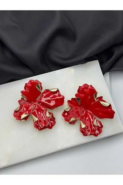 Duéra Brand Model Design Stylish Earrings with Red Enamel Flower Figures