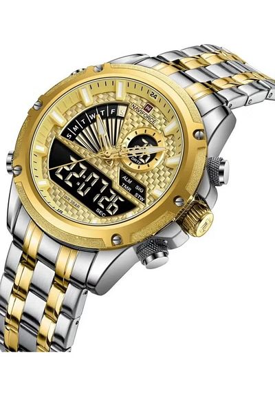 Naviforce Men's Dual Display Chronograph Watch with Gold Dial, Stainless Steel Strap, and Water-Resistant