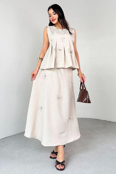 Cappmoda Tkm-13283 Stone Color Round Neck Decorated Blouse Waist Elastic Skirt Double Suit