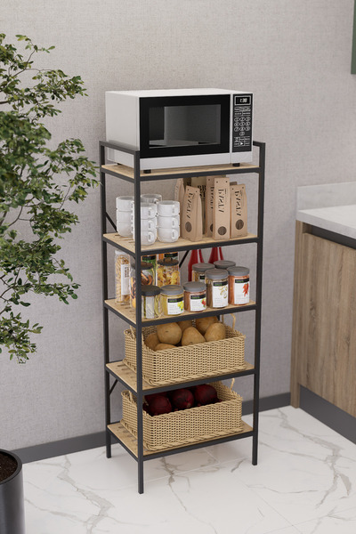 Milonsa 5 Katlı Çok Amaçlı Metal Ahşa Mutfak Rafı | Mikrodalga Fırın Standı - Kahve Köşesi ve Düzenleyici