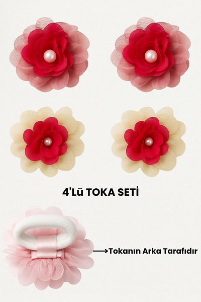 ESİLA KİDS Catsup pentru fete Cataramă 4 bucăți Cataramă cu model de flori Detaliu perle Agrafă elastică Bej și Dusty Rose