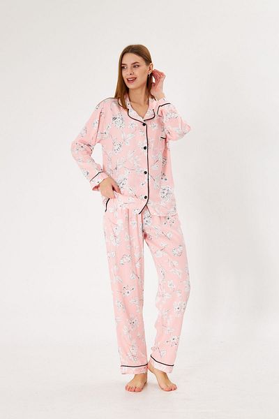seamlife Women's 100% Cotton Woven Pink Floral Pattern Shirt Collar Black Piping Full Button Pajama Suit with Pockets