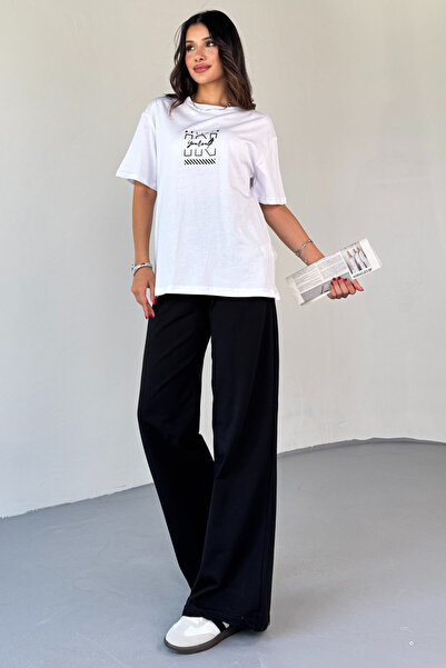 Cappmoda Tkm-0066 Black Believe in Yourself Written Injection Printed T-Shirt Loose Trousers Two-Piece Set