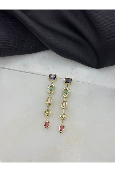 Duéra Gold Gold 5-Piece Colorful Stone Design Melis Göral Y Earrings Chakra Brand Model Hanging Steel Earrings
