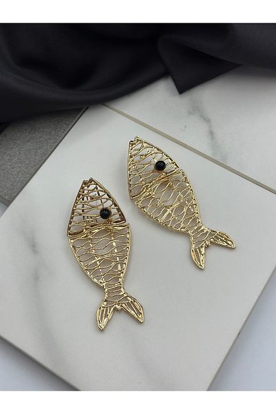 Duéra Gold Detailed Fish Figured Brand Model Summer Design Dangle Women's Earrings