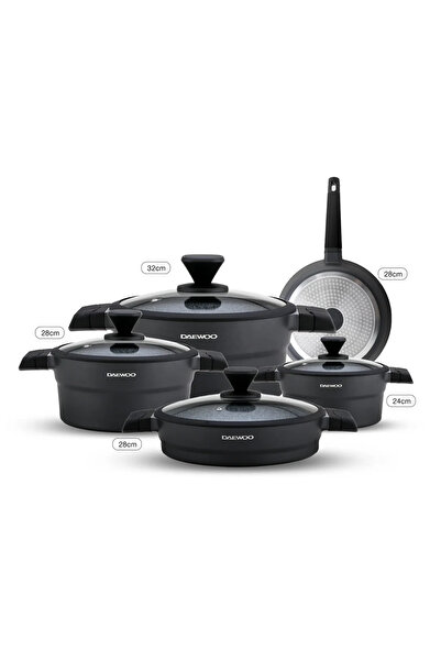 Daewoo طقم أواني طهي من 9 قطع، مصنوع من الألومنيوم المصبوب، مطلي بطبقة غير لاصقة من الجرانيت، آمن للاستخدام في الطهي بالحث الحراري