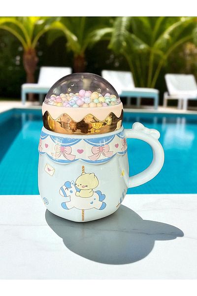 İNTER LİFE Carousel Patterned Porcelain Mug with Lid Making up the Difference Cute Mug Cup Gift