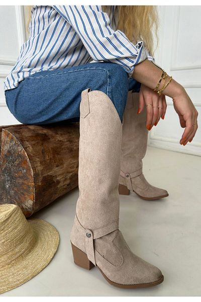 Zerenyus Milla Nude Suede Snap On Heels Μακριές Μπότες