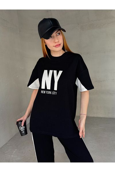 Cappmoda Tkm-03655 Black White Ny Embroidered Crew Neck Tshirt Waist Elastic Palazzo Bottom Double Suit