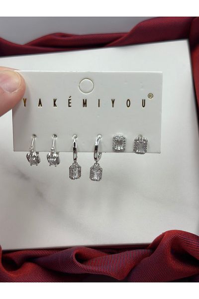 Duéra Silver Baguette Stone Design Yakemiyou Set of 6 Steel Earrings