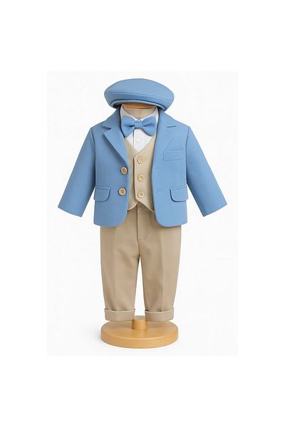 OEM Ținută Băiețel Din 5 Piese – Jachetă Albastră, Pantaloni Bej, Vestă, Papion Și Beretă – Elegant A