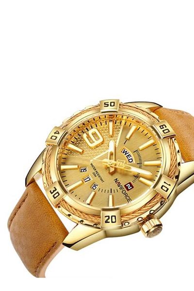 Naviforce Men's Analog Quartz Watch – 44mm Brown Dial, Leather Strap, Water Resistant, Classic Casual Design