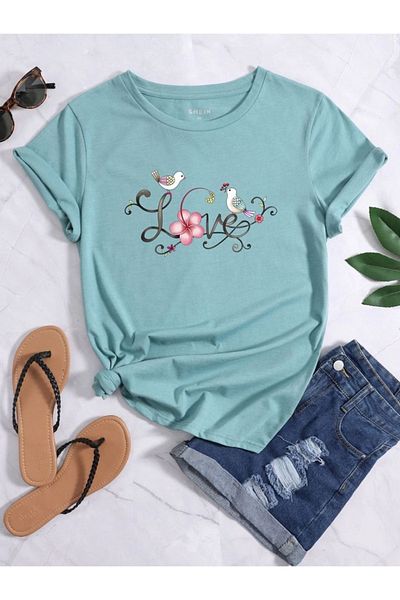 LUNAVISTA Bird and flower printed t-shirt, comfortable short sleeve o neck summer spring sweatshirts, women's clothing