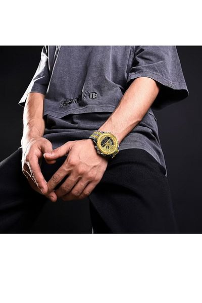 Naviforce Men's Dual Display Chronograph Watch with Gold Dial, Stainless Steel Strap, and Water-Resistant