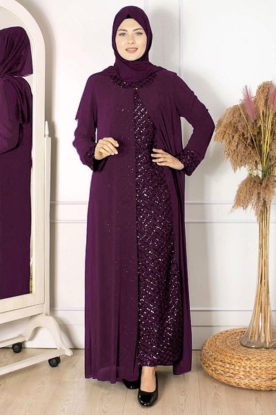 Fahima Cape Sequin Detailed Evening Dress Plum Fhm854