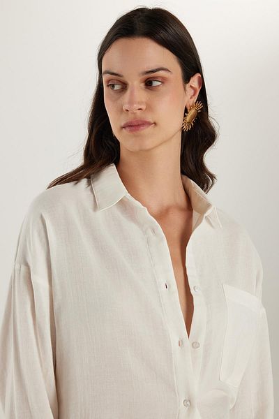 Tudors Cămașă oversize pentru femei, cu tăietură largă, 100% bumbac, muselină, cu mânecă lungă, texturată, ecru, cu buzunare