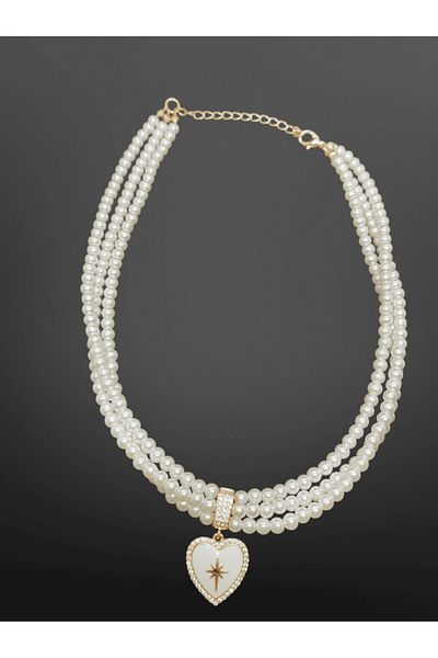 FM Heart Tipped 3 Row Pearl Model Bijoux Necklace |   Star Detailed |   Romantic & Elegant