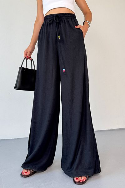Cappmoda Pnt-07408 Black Wrinkled Fabric Thread Beaded Loose Trousers